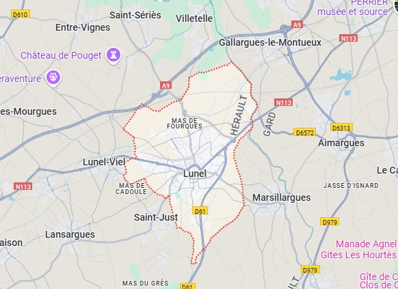 Carte de Lunel et ses environs, avec le contour délimité. Inclut les départements Hérault et Gard, et les routes A9, N113, D61.