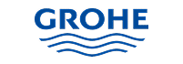 Logo Grohe avec le nom de la marque en bleu au-dessus de trois vagues stylisées bleues représentant l'eau.