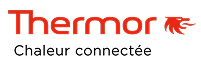 Logo Thermor rouge, texte stylisé et tête de dragon crachant du feu sur fond noir.